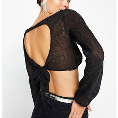Trendyol, Bluza crop stralucitoare, Negru, L