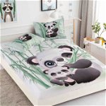 Husa de pat cu elastic + 2 Fete de Perna 160x200 , Panda Mom With Baby, JOJO HOME