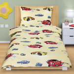 Lenjerie de pat din bumbac, pentru copii, Mașinide curse, galben, 140 x 200 cm, 70 x 90 cm, Bellatex