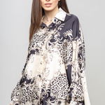 Camasa din satin oversize, cu maneci bufante si imprimeu floral bej-negru, Shopika