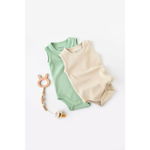 Set 2 body-uri fara maneci bebe unisex, bumbac organic, verde menta/bej, Baby Cosy, marime 3-6 luni