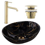 Set lavoar Sofia marble black + baterie inalta Lungo gold + dop universal gold, Rea