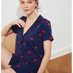 Trendyol, Pijama cu imprimeu cu inimi si revere decupate, Albastru inchis, Portocaliu mandarina, S Trendyol, Pijama cu imprimeu cu inimi si revere decupate, Albastru inchis, Portocaliu mandarina, S