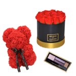 Set Cadou Aranjament floral cutie rotunda neagra cu trandafiri rosii de sapun, Ursulet floral Rosu 25cm si Paleta fard, FashionForYou