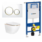 Set rezervor Geberit Sigma cu vas WC suspendat Rea Carlo Gold Edge si clapeta alba cu auriu, Geberit, Rea