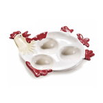 Platou Paste Gallina 3 oua ceramica alb rosu cm 14 cm x 14 cm, Decorer