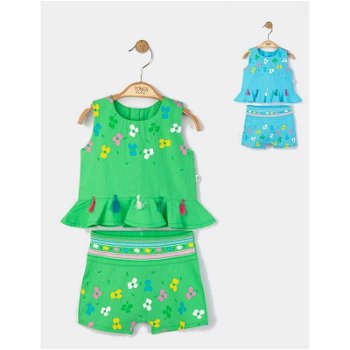 Set elegant bluzita de vara cu pantalonasi pentru fetite Ciucurasi, Tongs baby (Culoare: Verde, Marime: 6-9 luni)