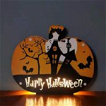 Decoratiune pentru Halloween, model dovleac, LED, lemn, 23,5 x 19,7 cm, 