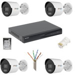 Sistem de supraveghere cu 4 camere Hikvision IP,Lumina alba 30m, PoE, 5MP, lentila 2.8mm, NVR 4 canale IP, Accesorii, Hikvision