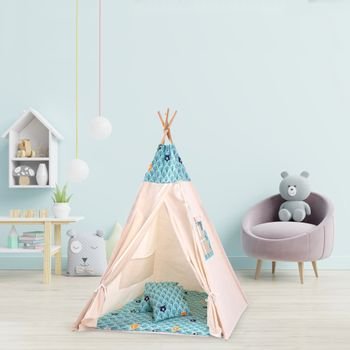 Cort copii stil indian Teepee Tent Kidizi® Animals Mint, include covoras gros, 2 perne si stabilizator