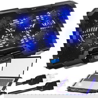 Cooler Laptop Gaming Izoxis 19522 - Display LCD, 6 Ventilatoare, 3 Moduri de Operare, 6 Viteze, Universal, 17", Ajustabil, Lumina Albastra, 2 Porturi USB, Negru