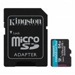 Card memorie microSD 128GB pentru supraveghere video, Kingston CANVAS GO Plus, 170 Mbps, cu adaptor, U3, V30, SDCG3/128GB, Kingston