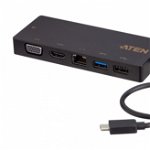 Docking station ATEN universal UH3236-AT, Type-C la USB 2.0, USB 3.1, VGA, HDMI , RJ-45, 60 W, negru