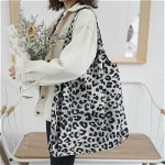 Geanta stil vintage, cu volum mare, material textil cu imprimeu leopard, de purtat pe umar, Neer