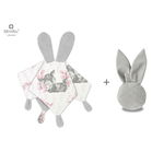 MimiNu - Set jucarie de plus cu urechi si labute din catifea si bumbac + Jucarie zornaitoare Mini Bunny din catifea matlasata, Materiale certificat Oeko Tex Standard 100, Lulu Rose/Grey