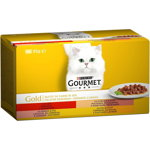 PURINA Gourmet Gold, 4 arome (Vită, Curcan și Rață, Somon și Pui, Pui și Ficat), pachet mixt, conservă hrană umedă pisici, (bucăti în sos), 85g x 4, Gourmet