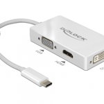 Adaptor USB-C la VGA/HDMI/DVI, Delock, Rezolutie 4K, Alb, 13 cm