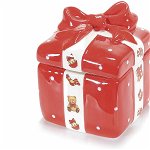 Borcan ceramic rosu alb cu capac decorativ cutie cadou cm 12 x 12 x 14 H, Decorer