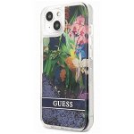 Husa telefon Guess, Liquid Glitter Flower Case pentru Apple iPhone 13 mini, Albastru