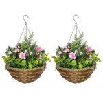 Outsunny Set 2 Ghivece de Agățat cu Plante Artificiale Lisianthus, Suport din Răchită și Bază de Ciment, Ф25x34cm | Aosom Romania, Outsunny