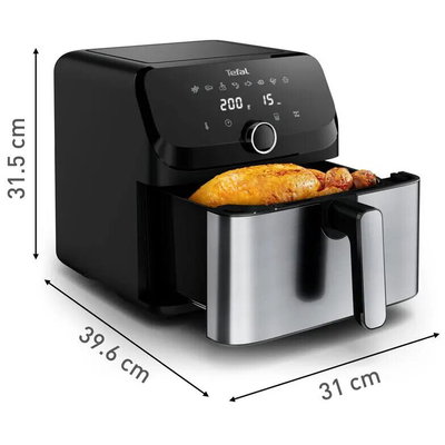 Friteuza cu aer cald Tefal Easy Fry Mega air fryer EY855D10, 2020W, capacitate 7.5L, pana la 8 persoane, 8 programe, invelis antiaderent, oprire automata, control temperatura 80°C - 200°C, argintiu & negru