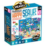 Puzzle Headu Montessori - Viata marina fericita, 19 piese, 8 figurine lemn