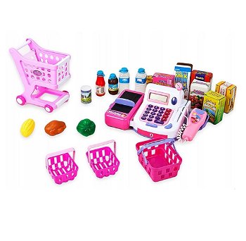 Set de joaca Malplay Casa de marcat si carucior de cumparaturi cu accesorii Roz, MalPlay
