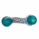 Jucarie pentru caini - Nod lung sfoara cu 2 mingii albastre 21cm, Perfect Pet