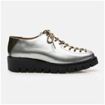 Pantofi casual dama cu siret pana in varf din piele naturala, Leofex- 194 Argintiu Box Lac, Leofex
