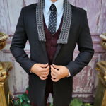 Palton de bărbați, Slim Fit, Negru cu nasturi si guler textil - PT463, 