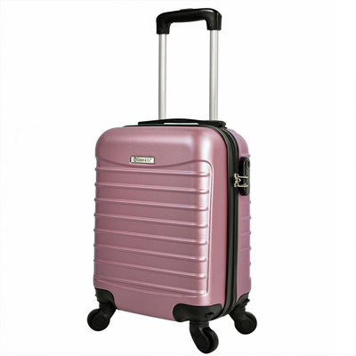 Troler cabina avion Quasar & Co.®, 40x30x20cm, bagaj de mana, troller cu fermoar sigur, cifru, maner telescopic lung, geamantan cu 4 roti duble, detasabile, 360°, valiza ABS 2.8 mm, rezistent, 2 compartimente cu buzunar, 10kg, LINE, roz pudrat