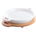 Tava Grill STUDIO CASA SRM963 cu Manere pe Suport de Lemn, 22 cm, Ceramica, Alb, Studio Casa