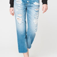 Blugi cu croiala dreapta si detalii cu aspect deteriorat