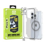 ATB Husa iPhone 15 TPU Antisoc - Folie Sticla - Folie Spate - Protectie Camera - Inel Magnetic - Stickere Anti-Praf, Kit 6 in 1 De Protectie, ITOP