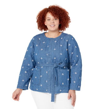 Imbracaminte Femei DRAPER JAMES Plus Size Reversible Belted Jacket in Embroidered Chambray Medium Wash, DRAPER JAMES