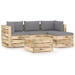 Set mobilier de gradina 5 piese canapea cu masuta sau taburet si perne, vidaXL, Lemn de pin verde tratat, Maro/Gri