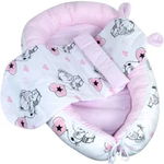 Set 3 piese Baby Nest cu Pernita si Salteluta, fata dubla Pink Unicorns - Roz/Alb