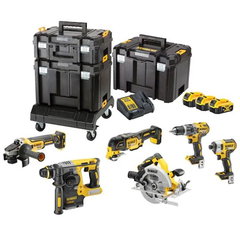 Set 7 scule DeWALT DCK755P3T, 18V XR, brushless, masina de gaurit DCD796, masina de insurubat DCF887, rotopercutor DCH273, polizor unghiular DCG405, fierastrau circular DCS570, oscilant DCS355, pendular DCS334, 3x acumulator 5 Ah, valize TSTAK, DeWALT
