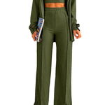 Compleu casual Aleksa, din trei piese, cu top, camasa si pantaloni evazati,Verde, FashionForYou