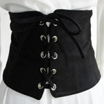 Centura corset Sanda neagra, lata, din piele intoarsa, cu banda elastica si snururi, FashionForYou