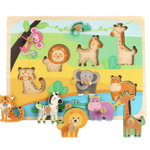 Puzzle incastru cu piese groase pentru copii Animale Salbatice de Savana, 9 piese, multicolor, din lemn, Krista