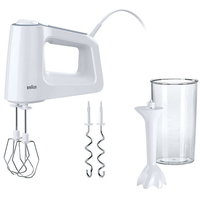 Mixer de mana Braun MultiMix 3 HM3105WH, 500 W, 5 viteze + Turbo, Tehnologie SmartMix, 2 teluri, 2 carlige pentru aluat, pahar gradat 600 ml, picior pasator, Alb