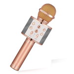 Microfon profesional wireless karaoke cu Bluetooth, rose gold, difuzor, radio FM, USB TF, inregistrare sunet, acumulator, 23 x 7,5 cm