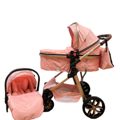 Carucior 3 in 1 L-Sun, reversibil, cu suspensii, cu scoica, geanta, parte sport transformabila in landou, T9 - roz