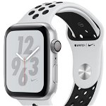 Smartwatch Apple Watch 4 Nike Plus, 44mm, LTPO OLED Retina Display, GPS, Bluetooth, Wi-Fi, Bratara Sport Platinum/Negru, Carcasa aluminiu, Rezistent la apa si praf (Silver)