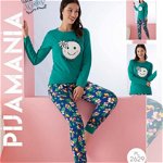 Pijama dama vatuita cu bluza verde cu imprimeu cocolino si pantaloni lungi cu flori PJD056, 