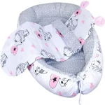 Set 3 piese Baby Nest cu Pernita si Salteluta, fata dubla Pink Elephant Star - Gri/Roz