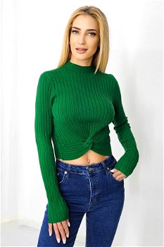 Bluza casual Claudine, cu guler inalt si detaliu impletit, Verde, FashionForYou