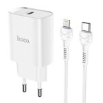 Incarcator Retea HOCO N14, Quick Charge, 20W, 1 x USB-C + cablu Lightning, Alb, Hoco