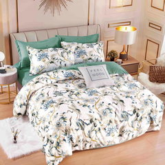 Lenjerie pat dublu,  FINET, 6 piese, cu ELASTIC, Jojo Home, Verde, flori, JOJO Home